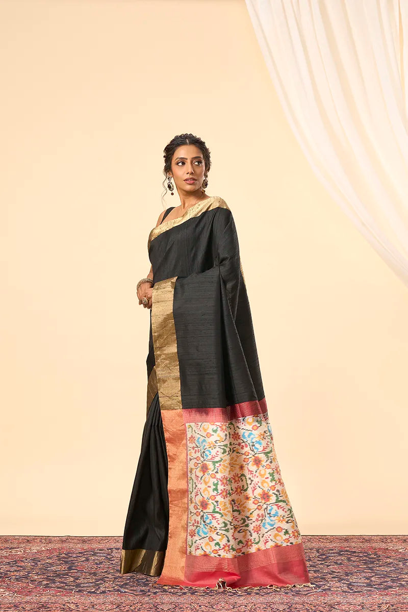 Black South Silk Saree with Ikkat Pallu & Zari Border