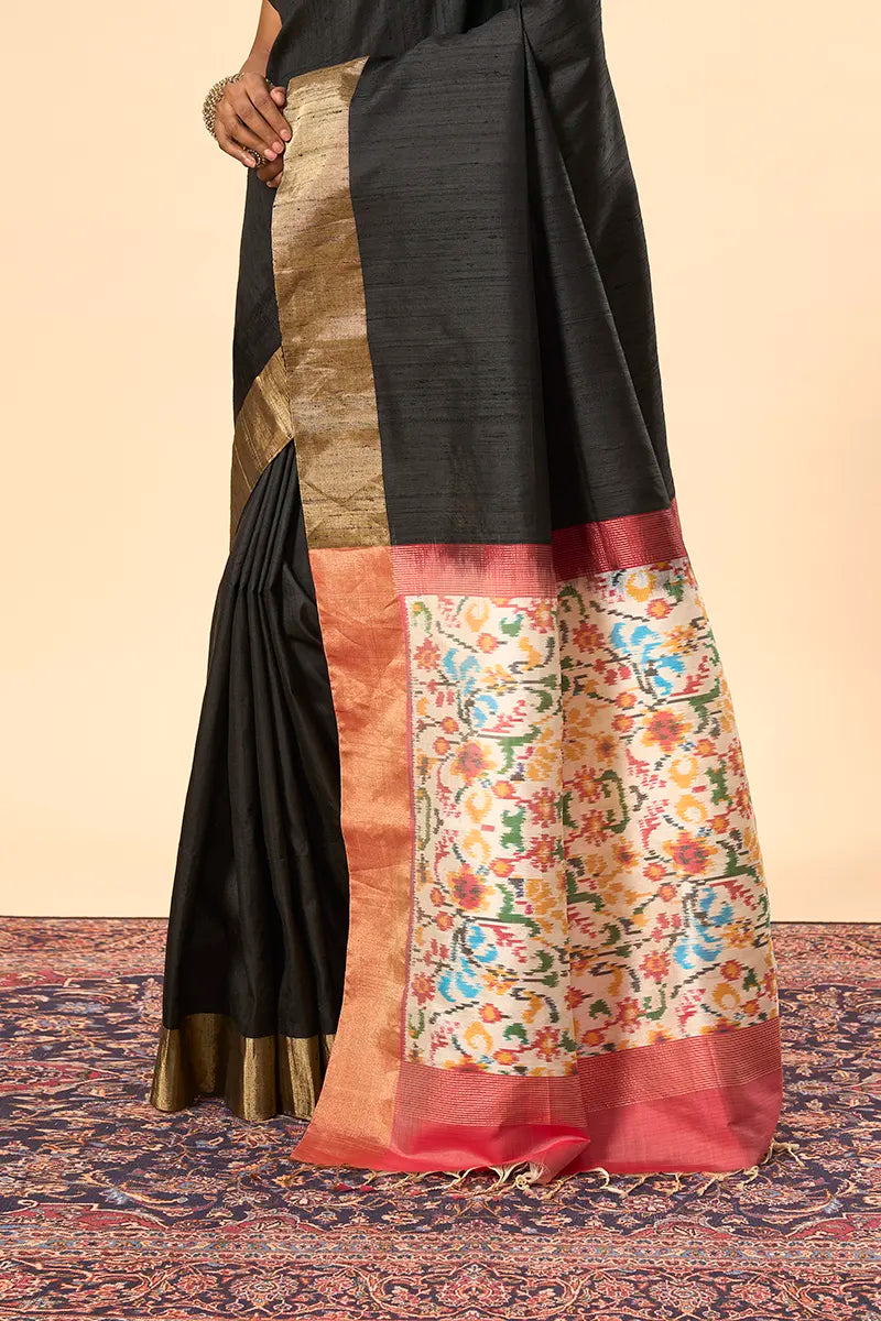 Black South Silk Saree with Ikkat Pallu & Zari Border