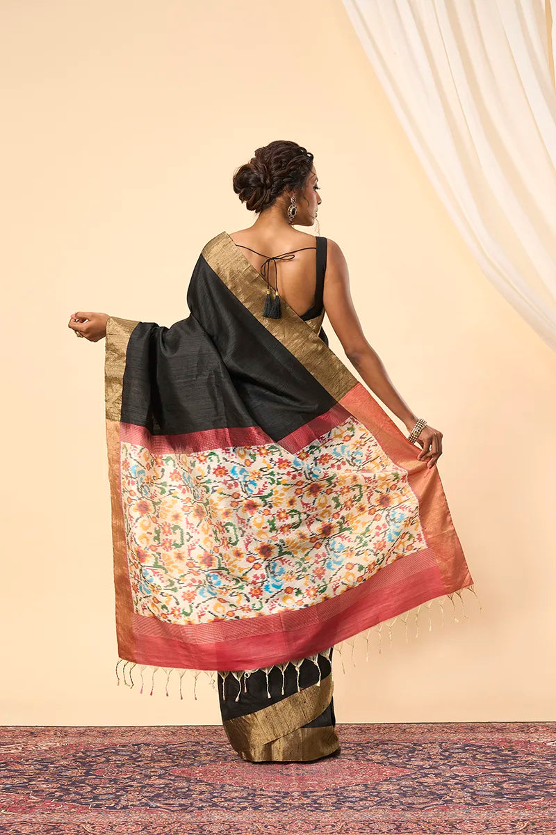 Black South Silk Saree with Ikkat Pallu & Zari Border