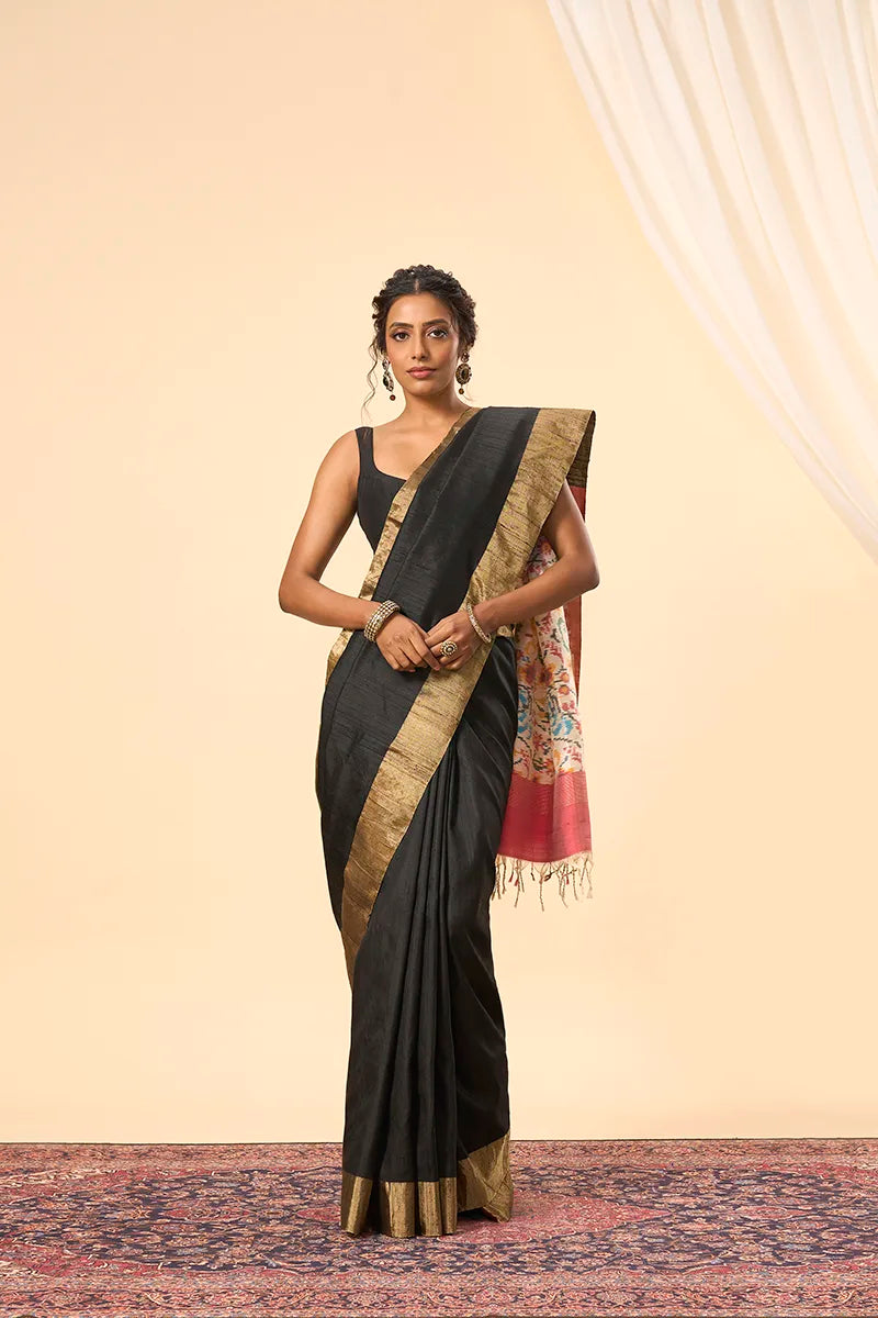 Black South Silk Saree with Ikkat Pallu & Zari Border