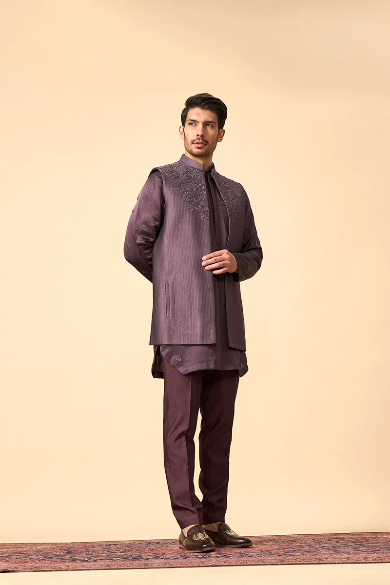 Wine Modal Silk Jacket Set with Intricate Resham Embroidery