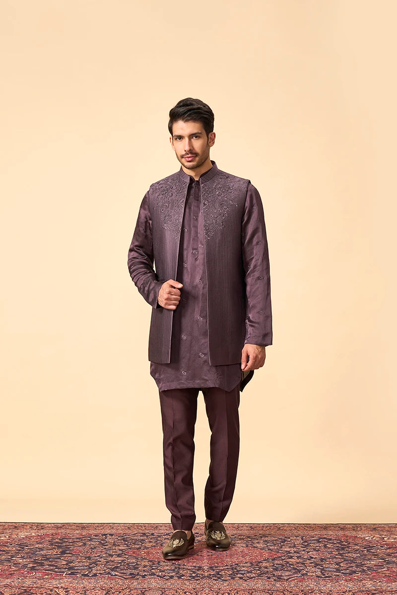 Wine Modal Silk Jacket Set with Intricate Resham Embroidery