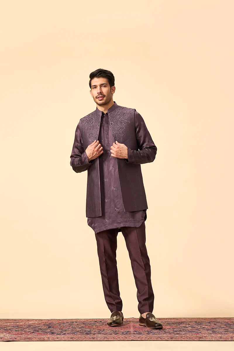 Wine Modal Silk Jacket Set with Intricate Resham Embroidery