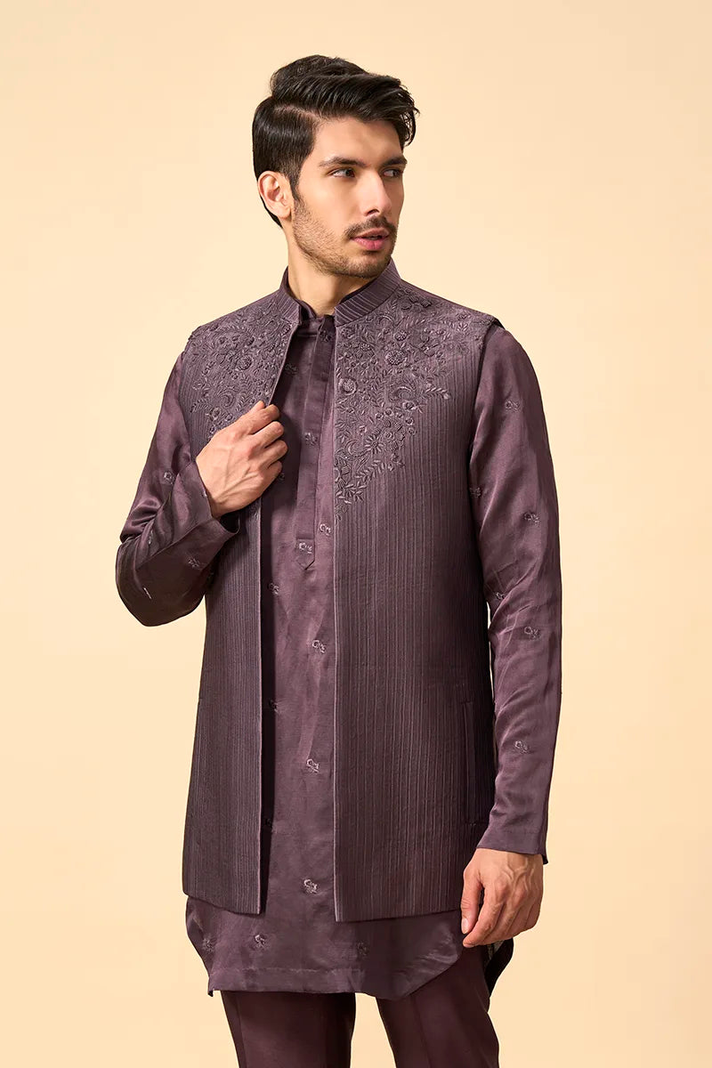 Wine Modal Silk Jacket Set with Intricate Resham Embroidery