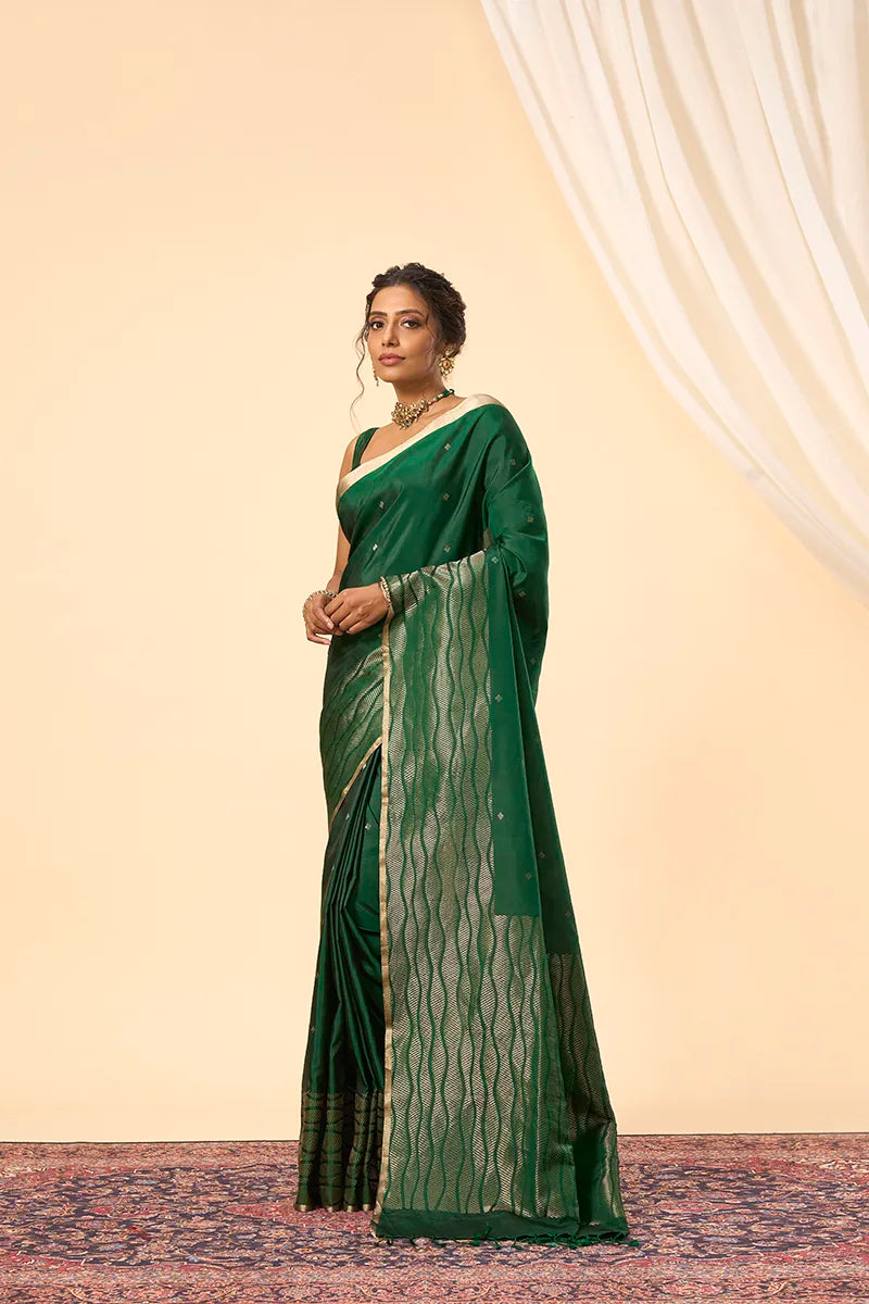 Bottle Green South Silk Saree with Hand-Woven Gold Zari Detailing