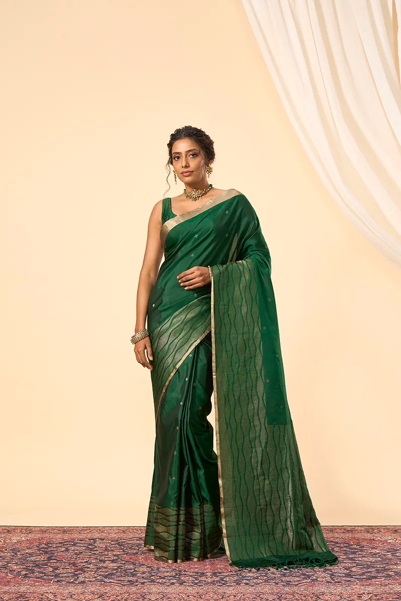 Bottle Green South Silk Saree with Hand-Woven Gold Zari Detailing