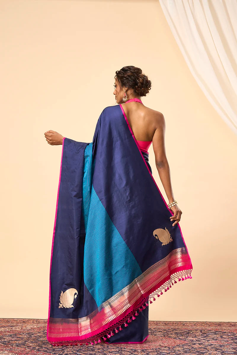Navy Banarasi Soft Satin Saree with Zari Weave and Tasselled Pallu