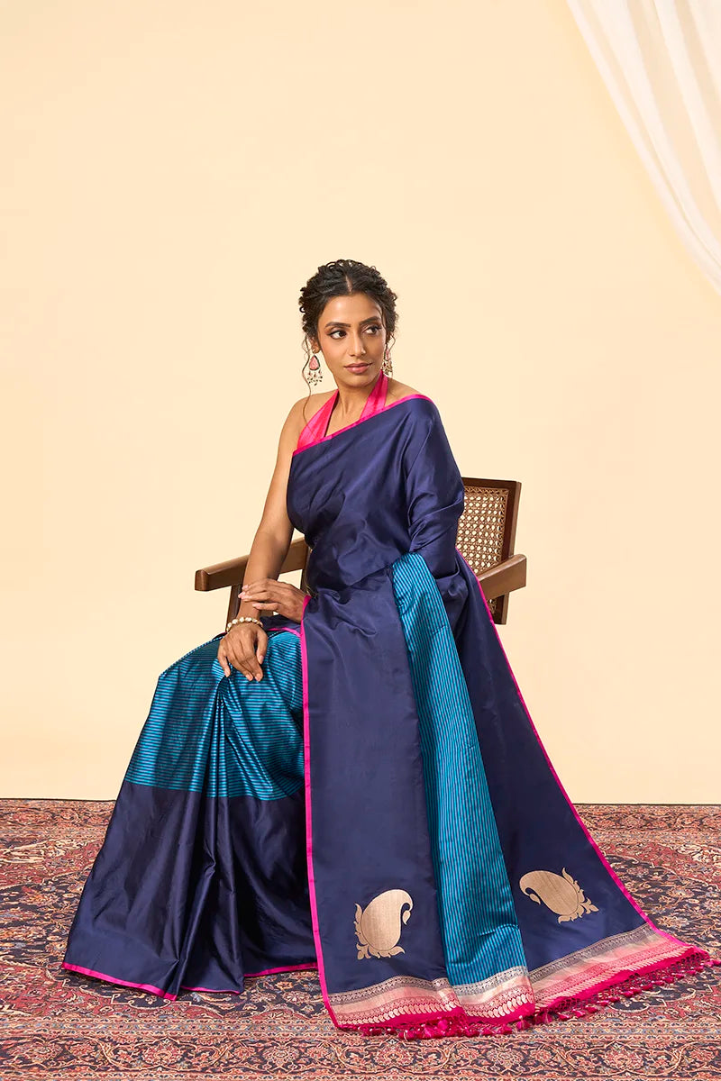 Navy Banarasi Soft Satin Saree with Zari Weave and Tasselled Pallu