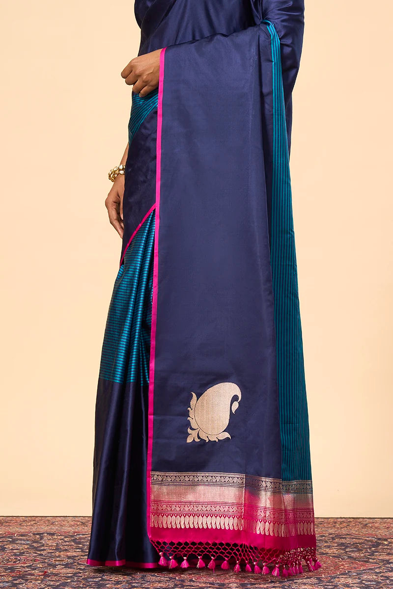 Navy Banarasi Soft Satin Saree with Zari Weave and Tasselled Pallu