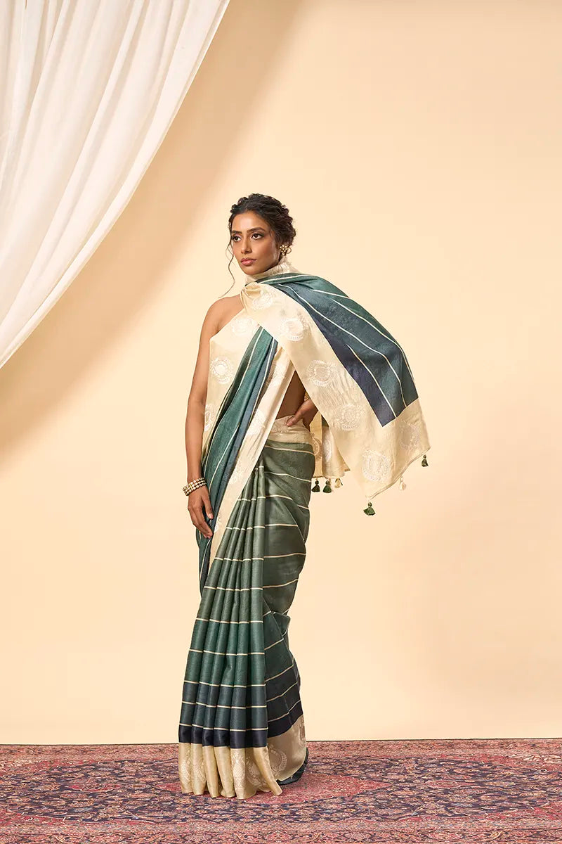 Ivory & Olive Handwoven Tussar Silk Saree