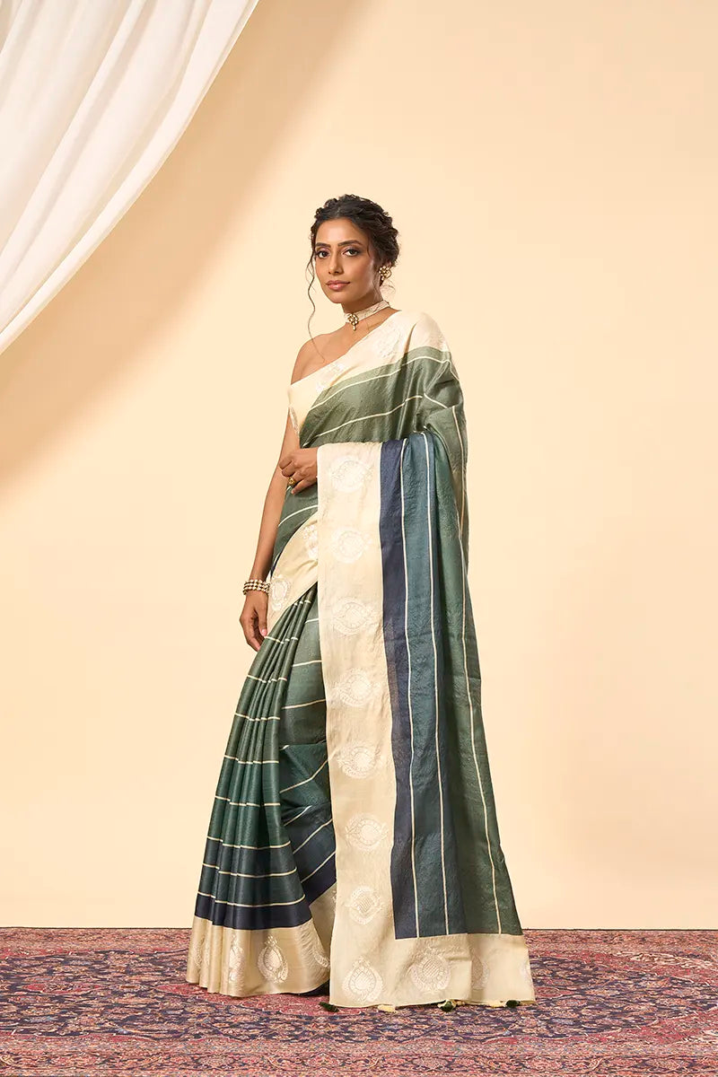 Ivory & Olive Handwoven Tussar Silk Saree