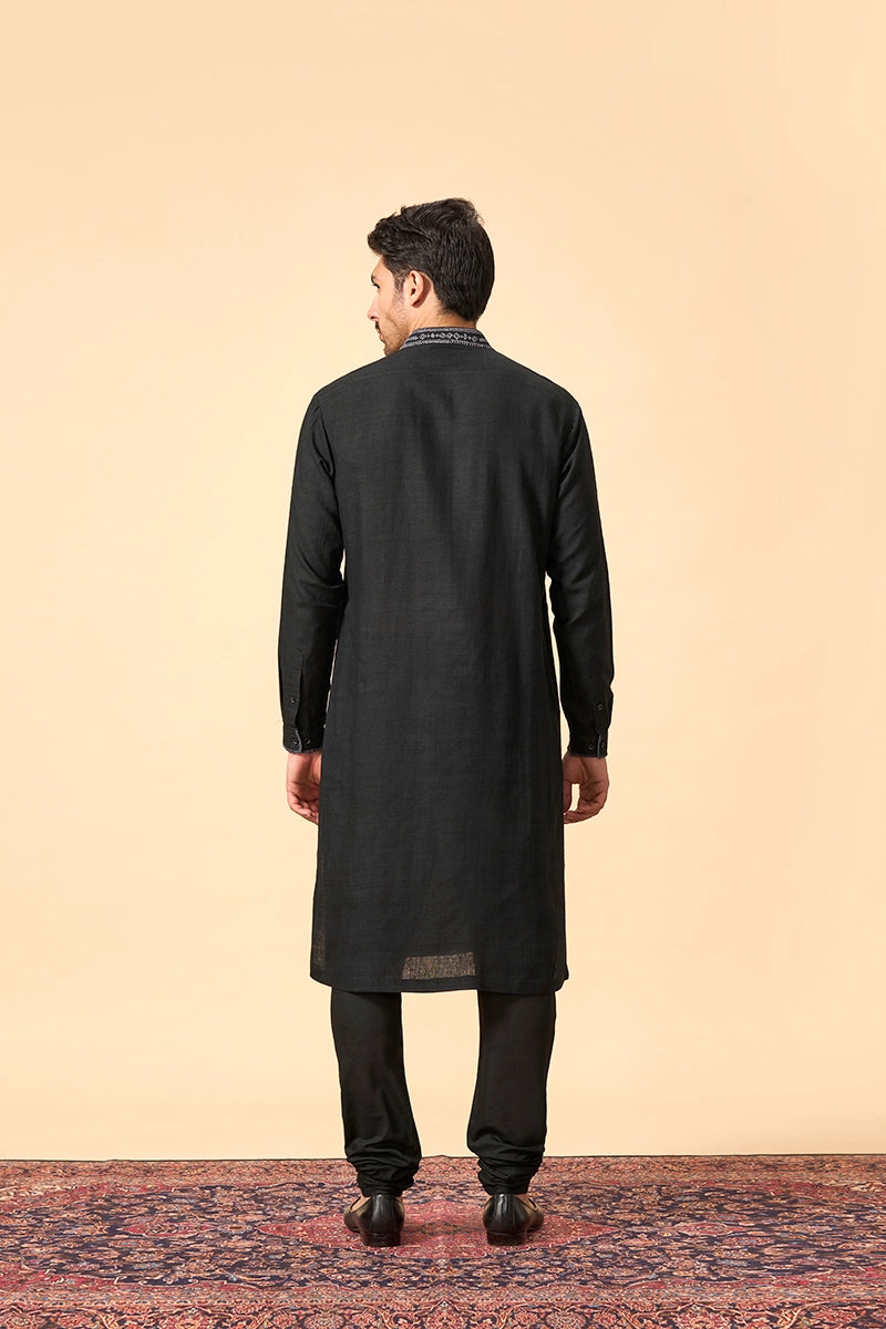Resham Embroidered Black Matka Silk kurta