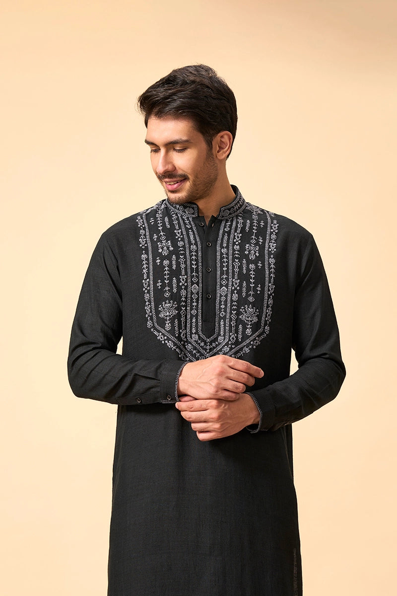Resham Embroidered Black Matka Silk kurta