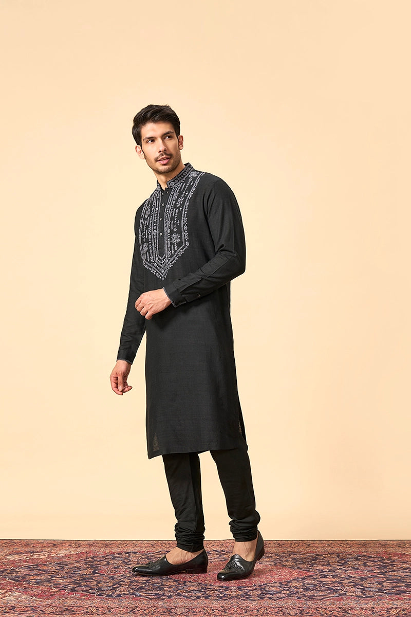 Resham Embroidered Black Matka Silk kurta