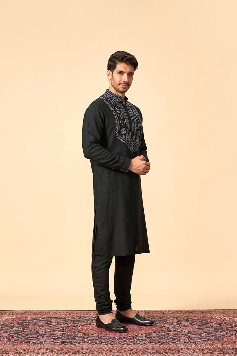 Resham Embroidered Black Matka Silk kurta