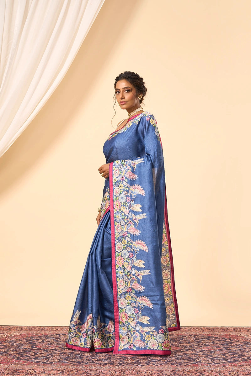 Blue Tussar Silk Saree Featuring Artistic Print with Thread and Mirror Work