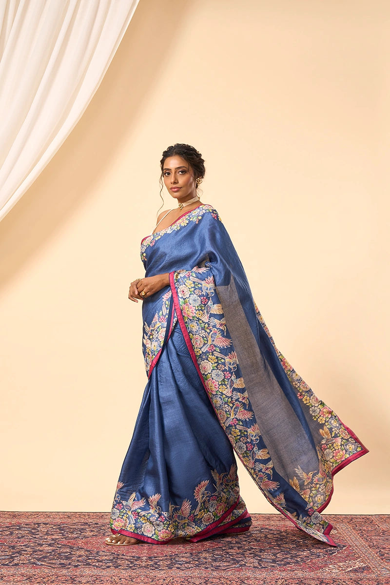 Blue Tussar Silk Saree Featuring Artistic Print with Thread and Mirror Work