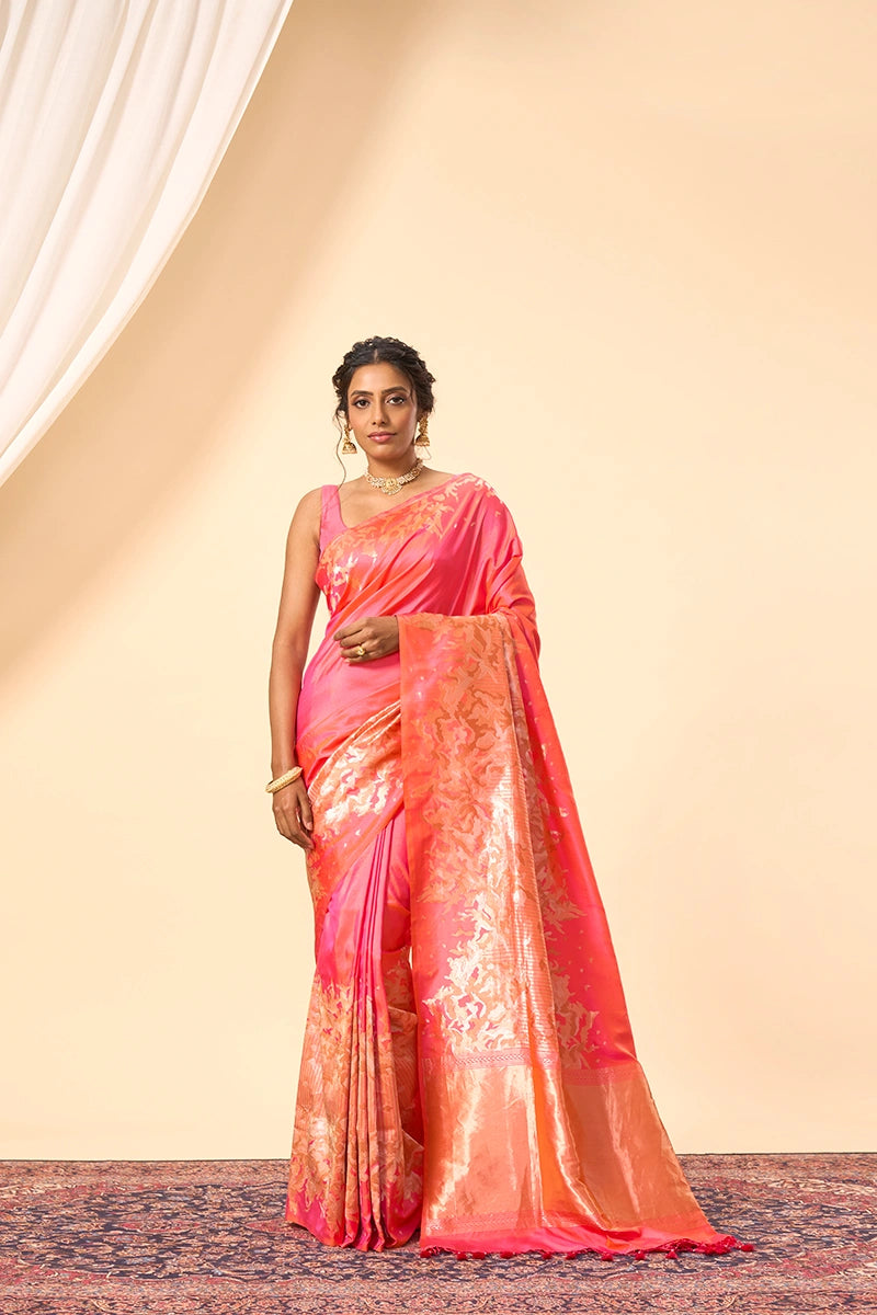 Pink–Orange Blend Banarasi Silk Saree with Intricate Silver–Gold Zari Weave
