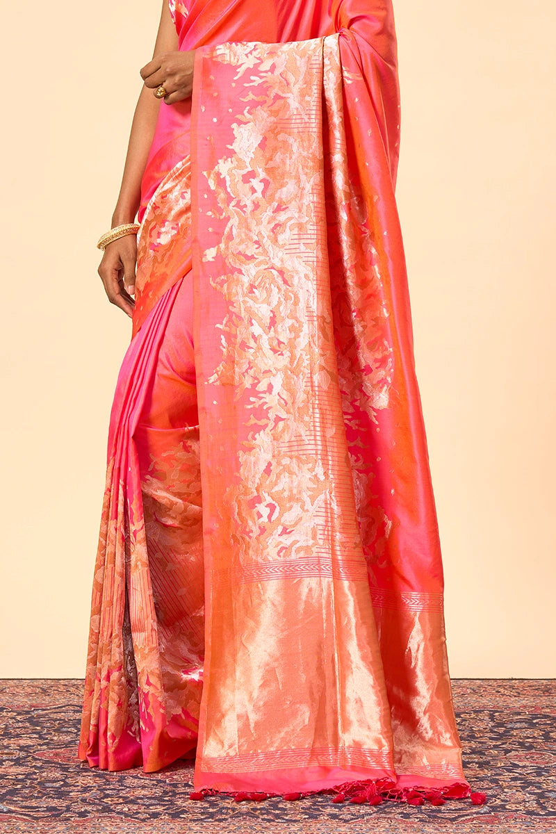 Pink–Orange Blend Banarasi Silk Saree with Intricate Silver–Gold Zari Weave