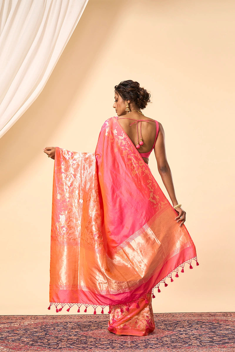 Pink–Orange Blend Banarasi Silk Saree with Intricate Silver–Gold Zari Weave