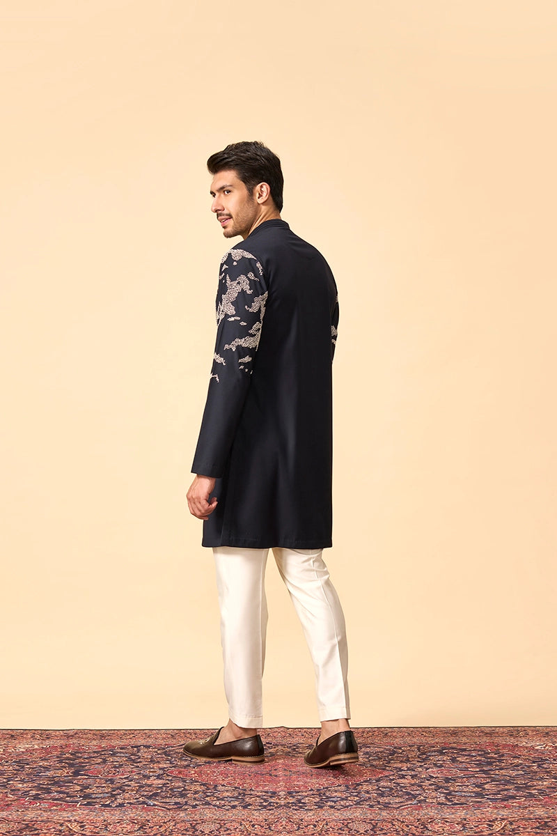 Blue Resham Embroidered Terywool Kurta Set