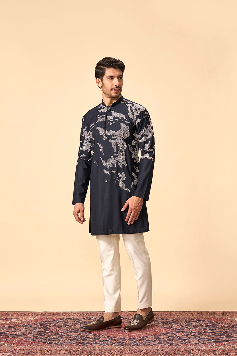 Blue Resham Embroidered Terywool Kurta Set