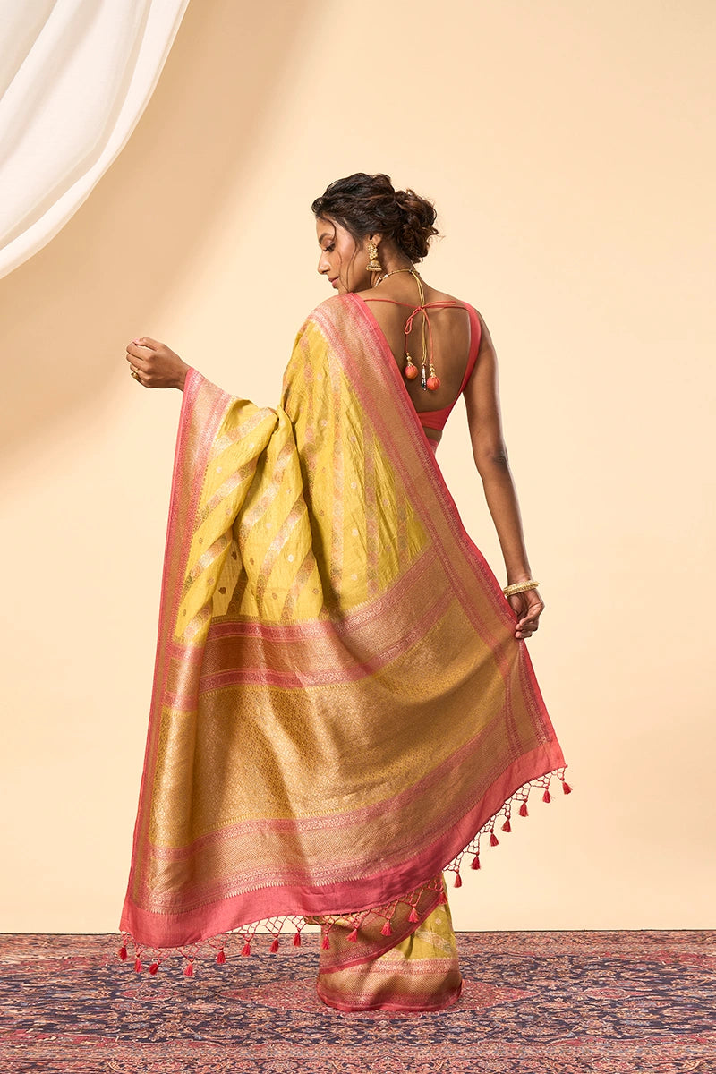 Handcrafted yellow gold Tussar Silk Saree