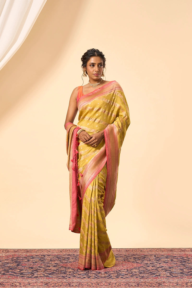 Handcrafted yellow gold Tussar Silk Saree