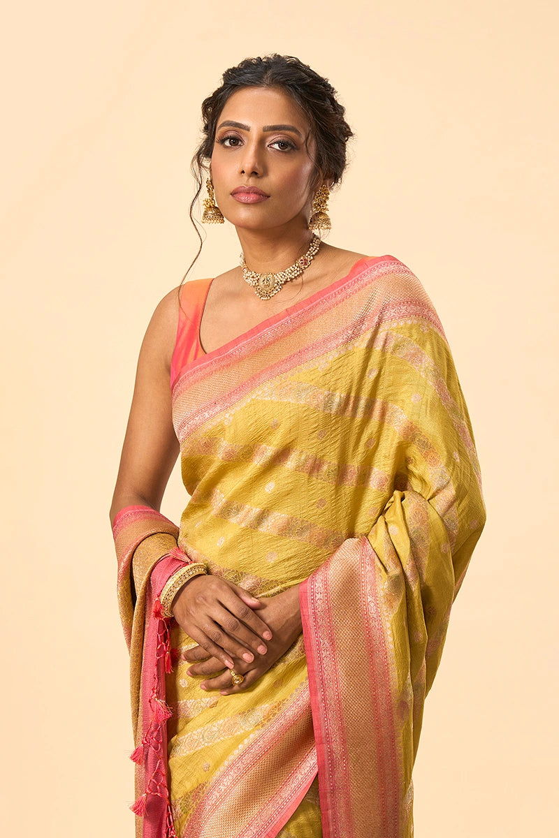 Handcrafted yellow gold Tussar Silk Saree