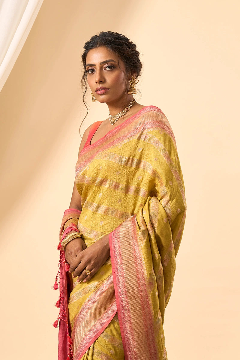 Handcrafted yellow gold Tussar Silk Saree