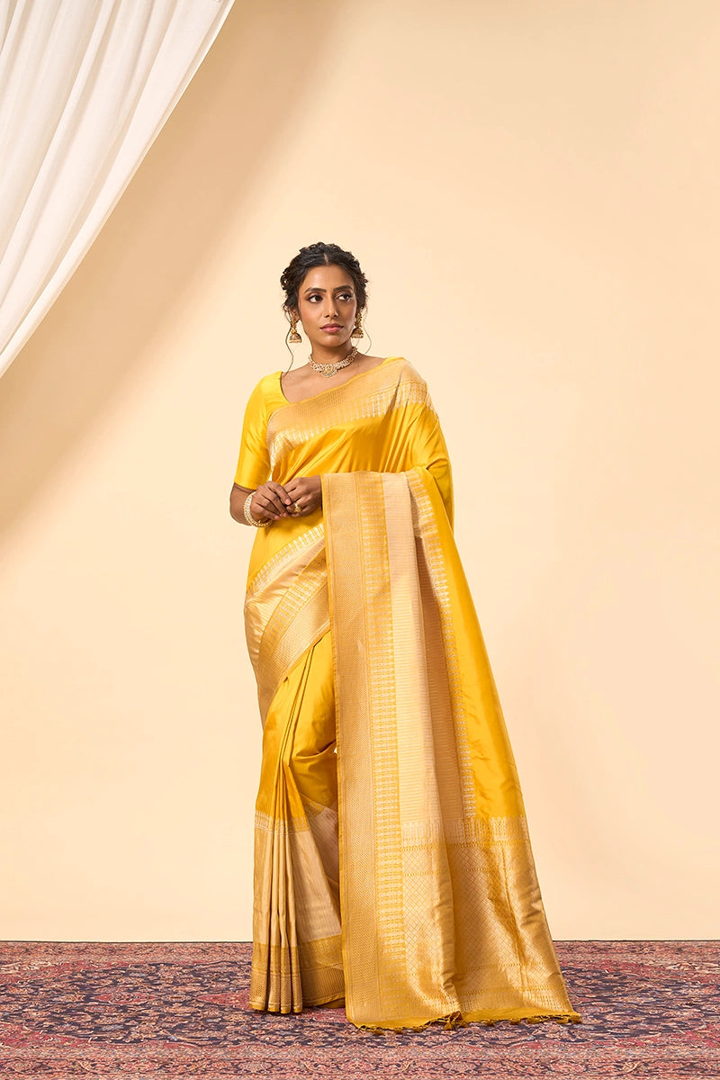 Classic Yellow Banarasi Katan Silk Saree with Traditional Gold Zari Work