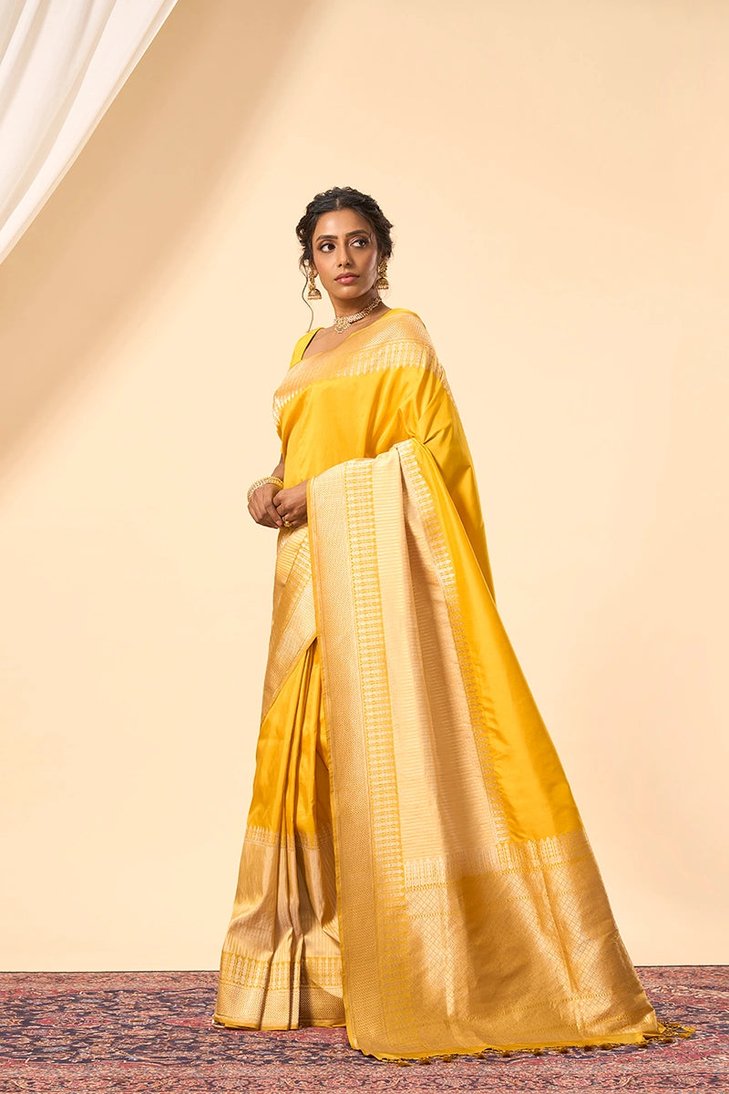 Classic Yellow Banarasi Katan Silk Saree with Traditional Gold Zari Work