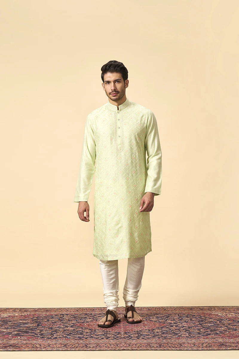 Pista Green Resham & Zari Embroidered Chanderi Kurta Set