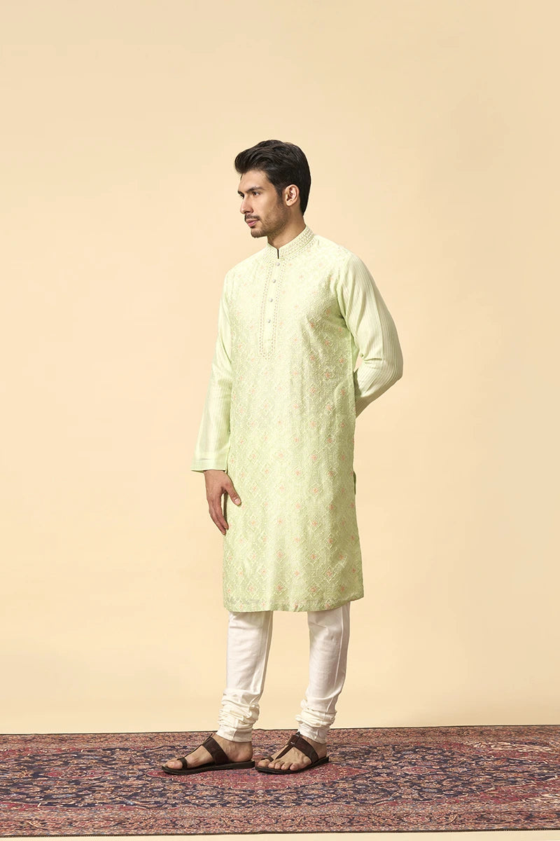 Pista Green Resham & Zari Embroidered Chanderi Kurta Set