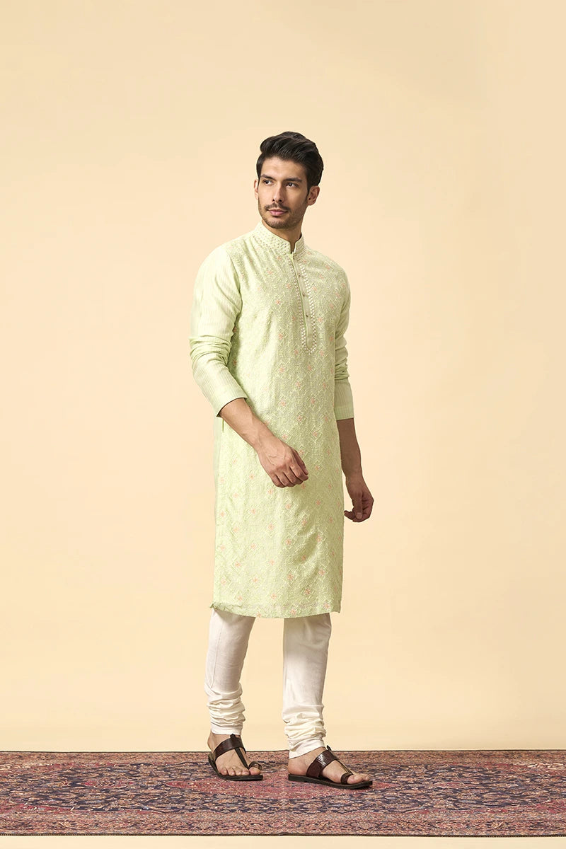 Pista Green Resham & Zari Embroidered Chanderi Kurta Set
