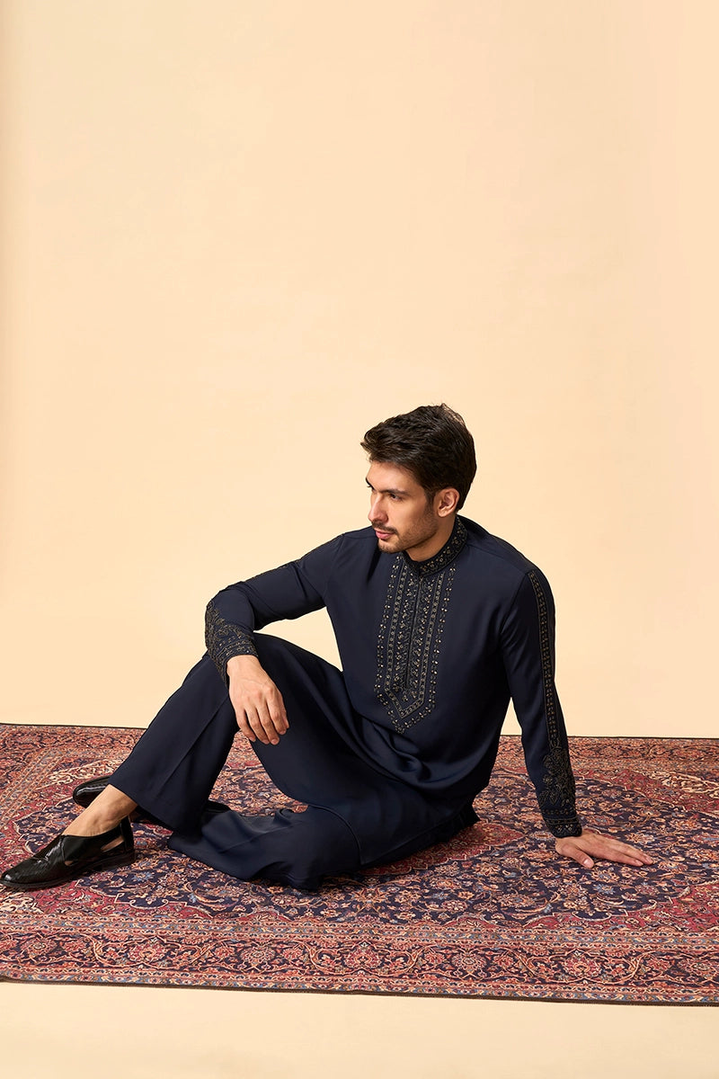 Classic Navy Kurta set with Intricate Beadwork