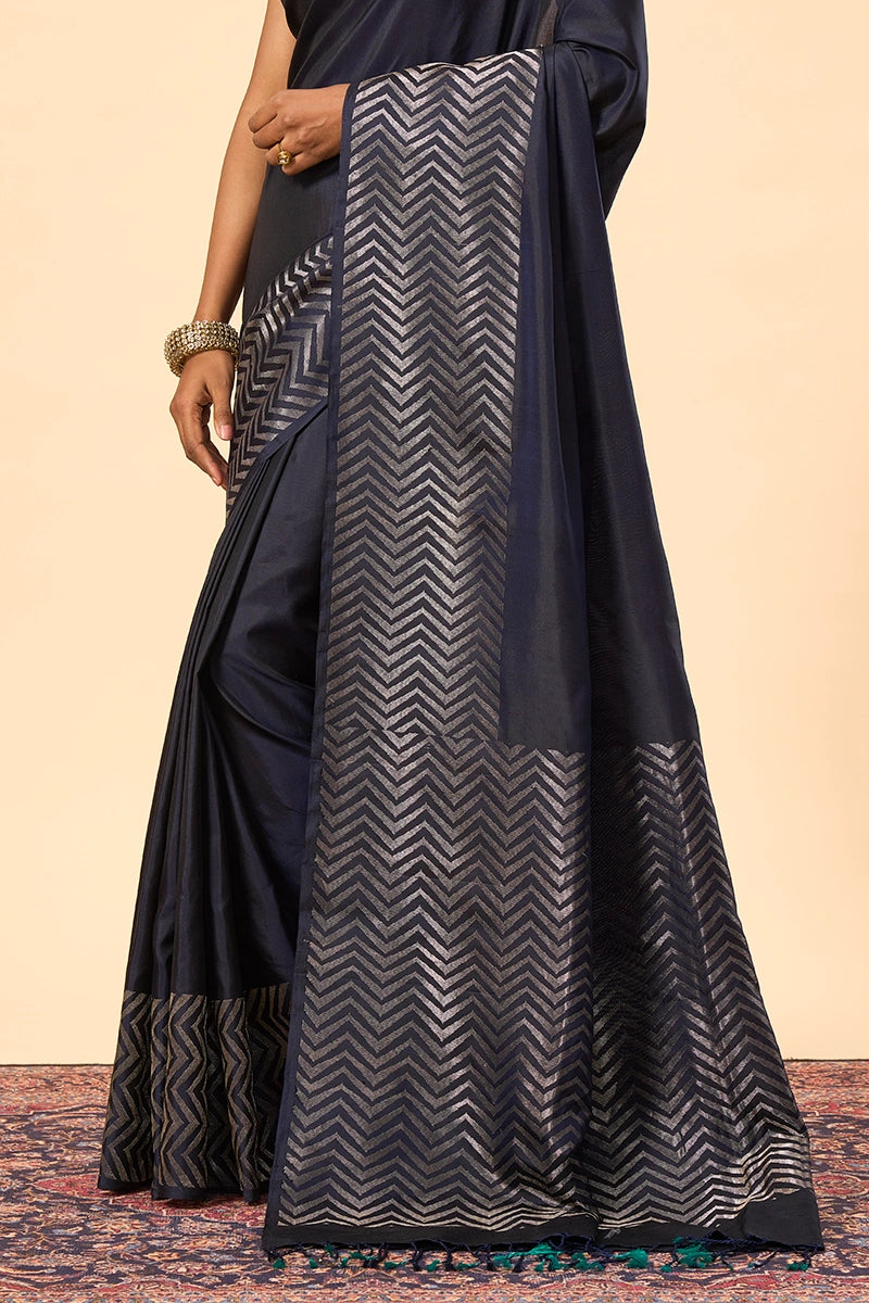 Blue Traditional South Silk Saree with Contemporary Zigzag Zari Design