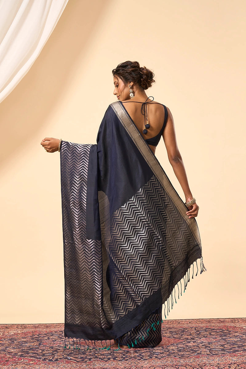 Blue Traditional South Silk Saree with Contemporary Zigzag Zari Design