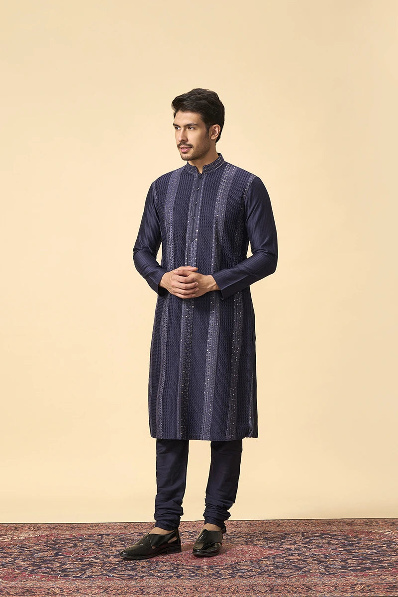 Blue Resham & Tikki Work Chanderi Silk Kurta Set