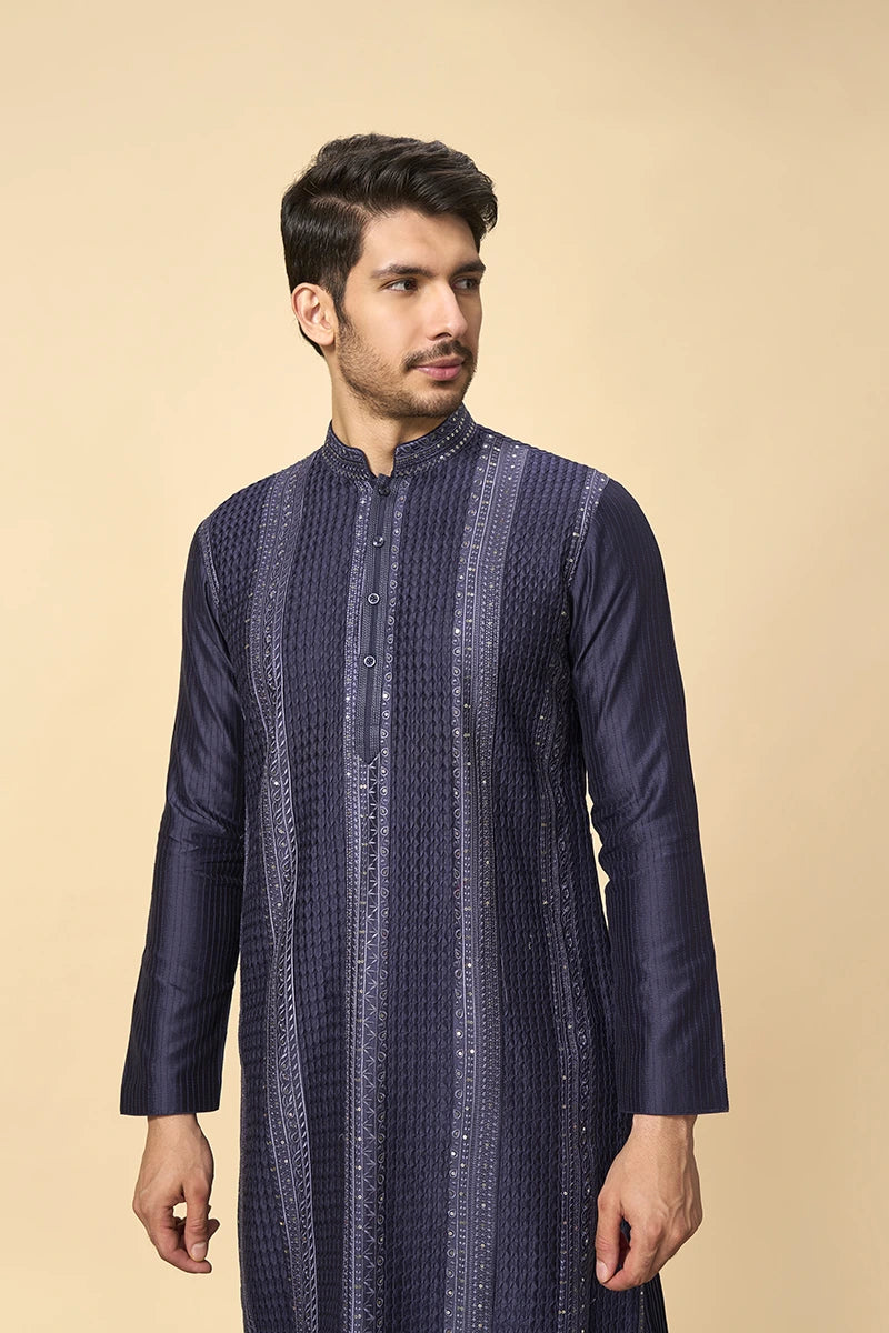 Blue Resham & Tikki Work Chanderi Silk Kurta Set