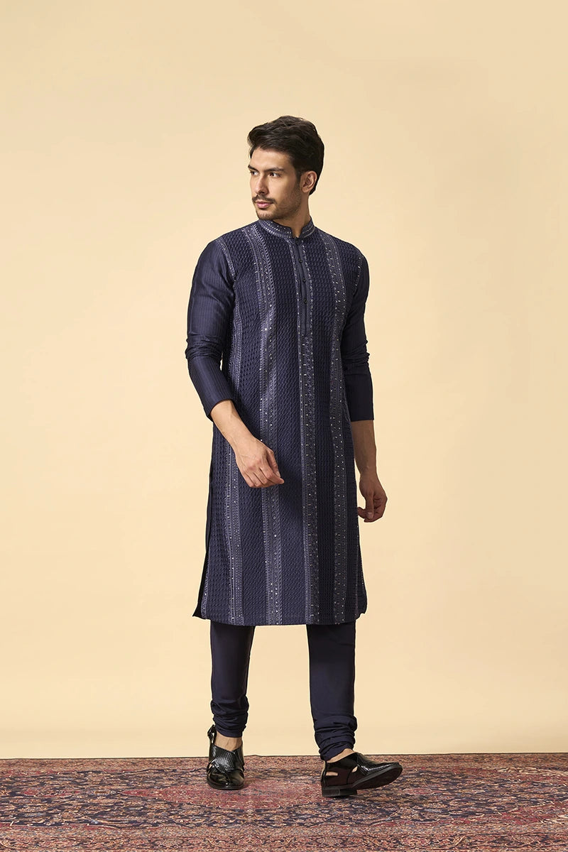 Blue Resham & Tikki Work Chanderi Silk Kurta Set