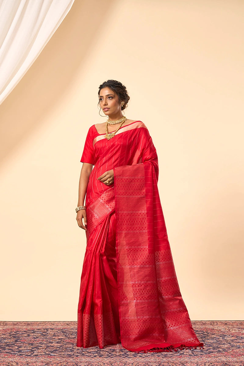 Handwoven Red South Silk Saree with Intricate Silver & Gold Zari
