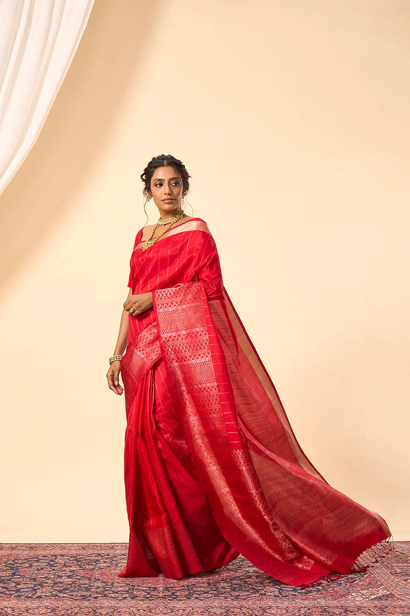 Handwoven Red South Silk Saree with Intricate Silver & Gold Zari