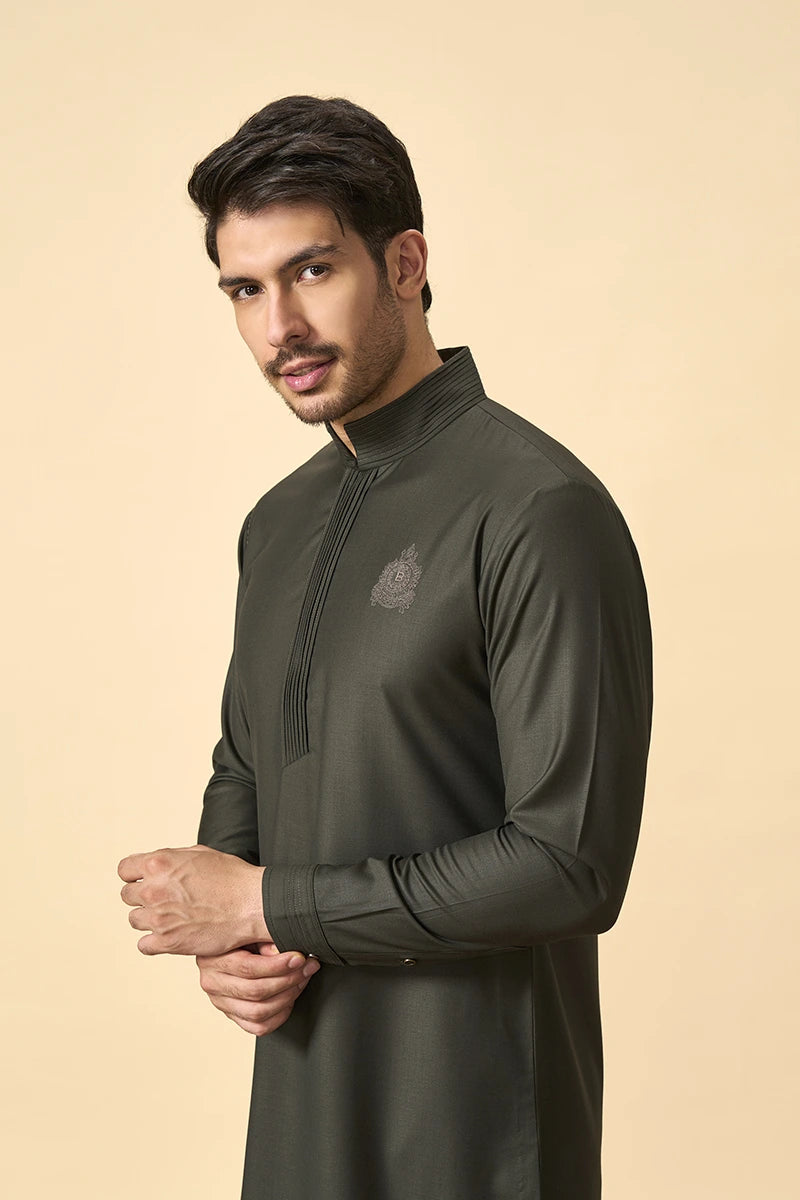 Classic Olive Terry Wool Kurta with Pin-Tuck Detailing