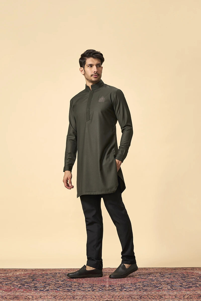 Classic Olive Terry Wool Kurta with Pin-Tuck Detailing