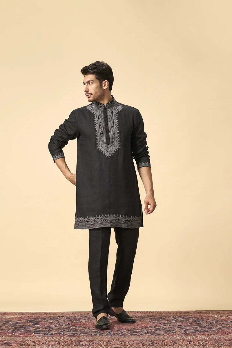 Black Linen Kurta with Intricate Thread Work