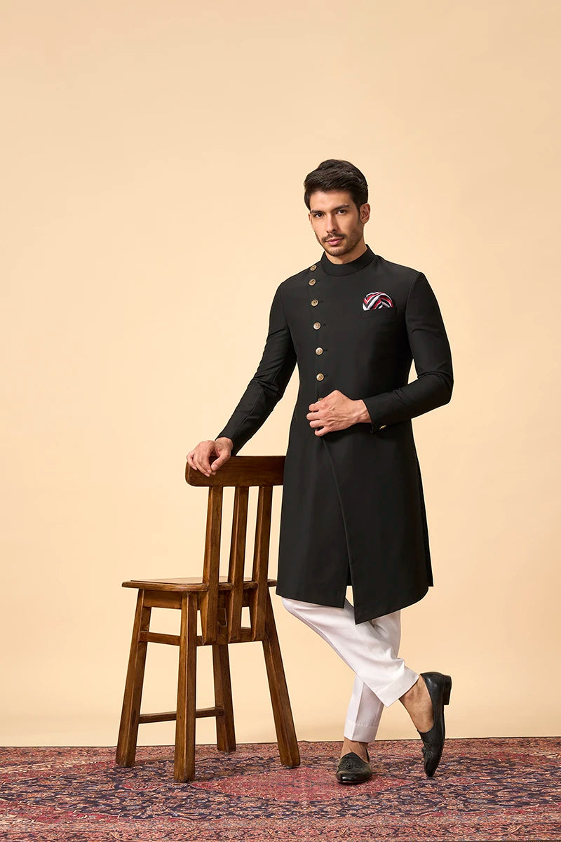 Black Asymmetric Achkan Indo western