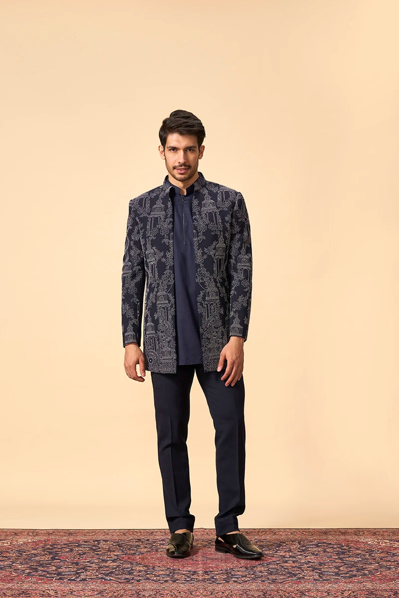 Blue French Knot Embroidered indo western set