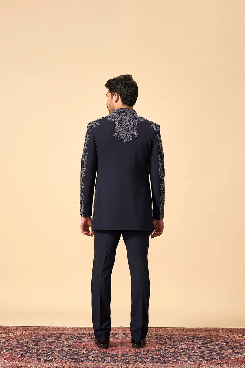 Blue French Knot Embroidered indo western set