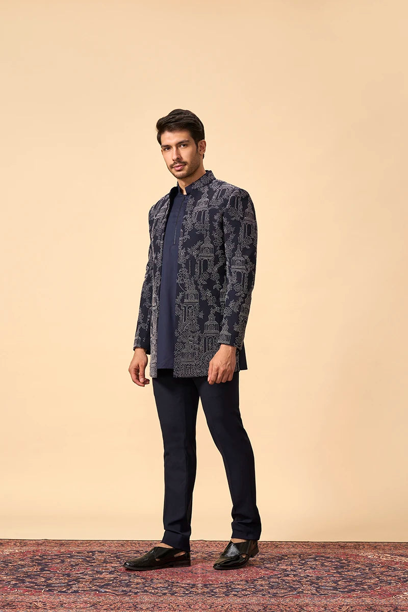 Blue French Knot Embroidered indo western set